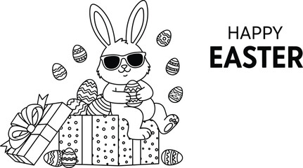 Fototapeta premium Cool black and white illustration of an adorable cartoon bunny wearing sunglasses sitting upon a large decorated gift box filled with easter eggs celebrating the holiday