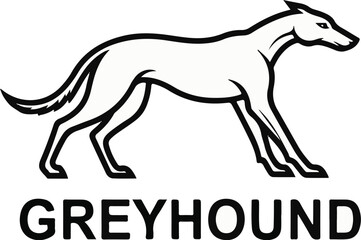 A stylized black and white outline of a lean, fast dog in motion