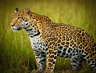 Fototapeta premium Majestic Leopard in Brazilian Pantanal Grassland, Golden Coat Illuminated, Symbolizing Wild Freedom and Natural Elegance