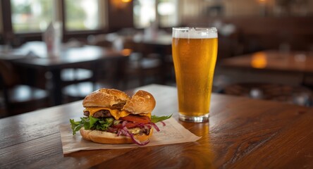 Excited individual enjoying a burger and lively conversation at a casual pub with copy space