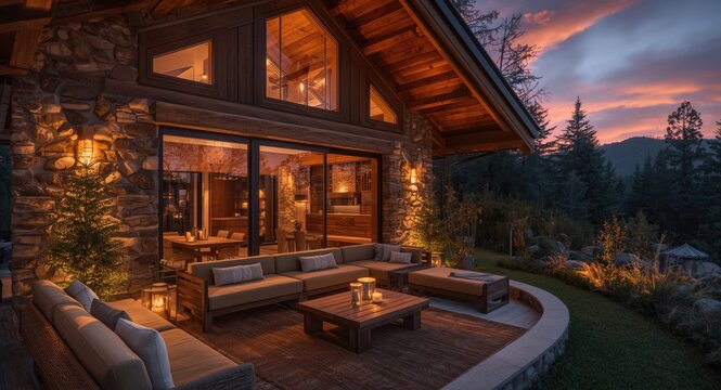 Evening view of a stunning chalet exterior featuring custom outdoor furniture for the space