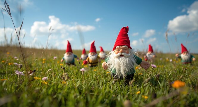 Exuberant pet gnomes at play on a bright lush green grass meadow