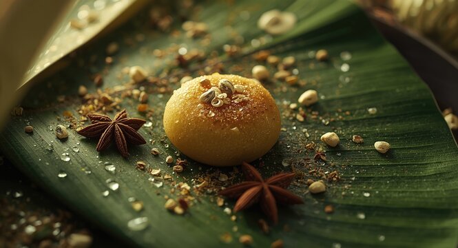 Indian mitha meetha paan flavored with aromatic spices and herbs laid on banana leaves