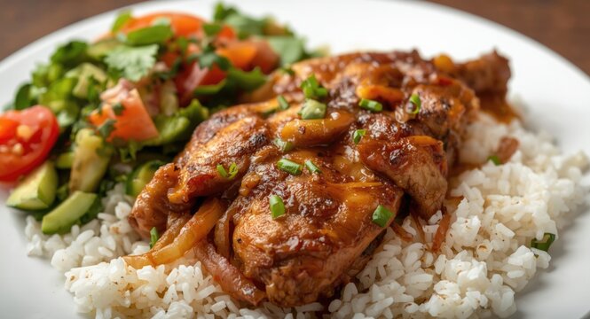 Close-range view of Senegalese Yassa chicken cooked with onions complemented by fresh vegetable salad and rice