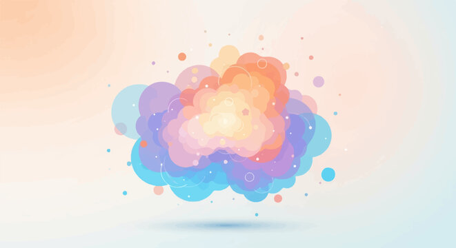Abstract explosion of soft, colorful, pixelated shapes creating a dynamic, ethereal cloud effect