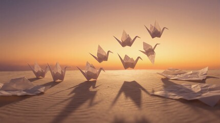 White paper origami cranes flying over desert sand at sunset. Symbolic group of birds in golden hour light. Concept of freedom and journey