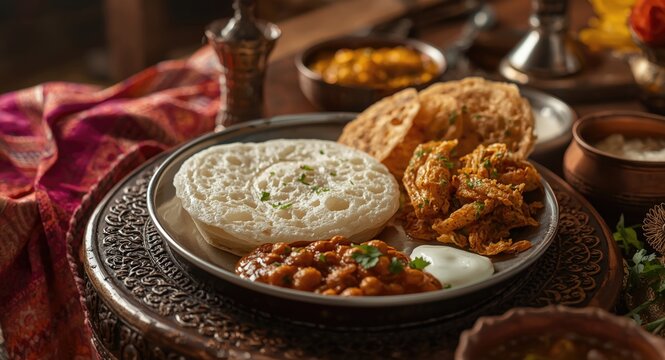 Appam and hoppers served with kadala curry and spicy chickpea masala in a traditional Indian and Sri Lankan meal setting