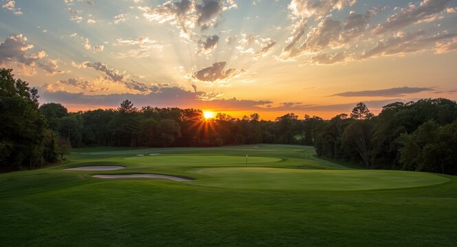 Golf course terrain at sunset with carefully tended grass areas, sand pits, and surrounding foliage under radiant clouds copy space