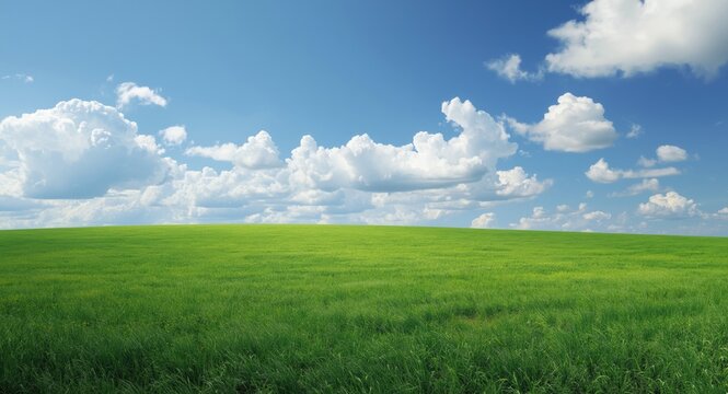 A fresh natural grassy land lot under a clear bright blue sky with numerous fluffy white cumulus cloud formations