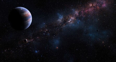 Obraz premium Dark cosmic background with digital rendering of the universe including colorful planets and star fields