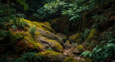 Fototapeta premium Abstract woodland backdrop featuring stone base and vibrant greenery for natural product showcasing