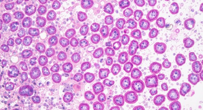 Examination of female cervical adenocarcinoma cells revealing feathering morphology in malignant tissue sample