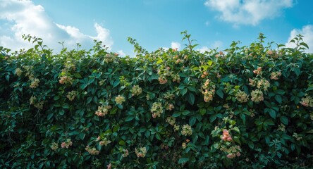 Living plant and flower wall featuring lush greenery and a crisp blue sky