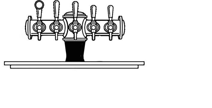 Black and white drawing of a five-tap beer dispenser