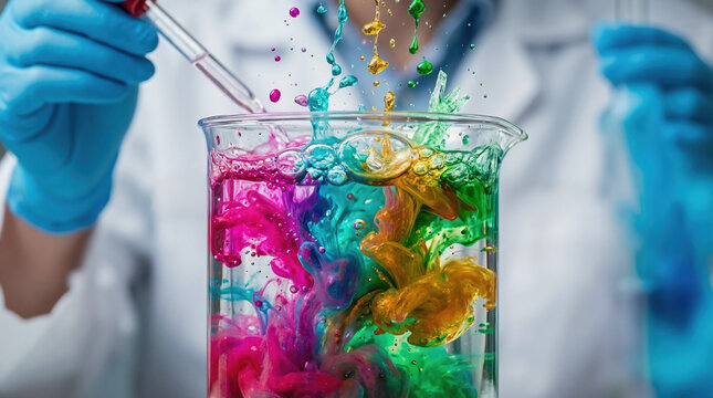 Scientist dropping liquid into beaker with colorful ink splashes. Chemistry experiment with vibrant swirling dyes in laboratory. Research and discovery concept