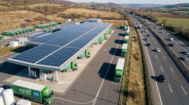 Aerial wide drone shot of futuristic H70 hydrogen refueling station on a sunny day, 700 bar high pressure energy infrastructure, green logistics, 8k