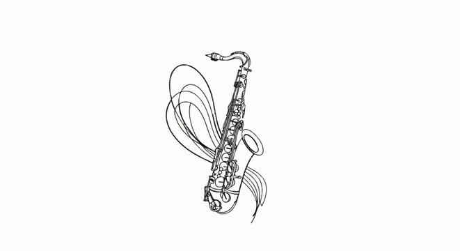 A stylized line drawing of a saxophone with swirling abstract shapes