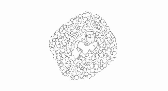 Architectural blueprint of a modern home nestled within a dense forest