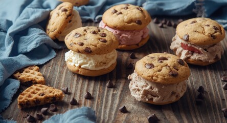 Classic ice cream sandwiches featuring chocolate chip cookies and multiple ice cream varieties on rustic wooden table with blue fabric and chocolate chips copy space