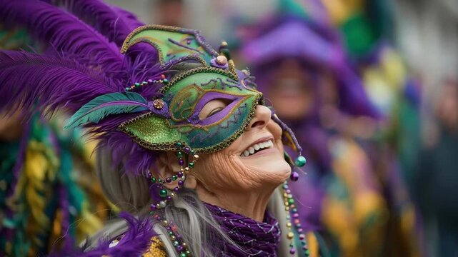 A woman smiles during Mardi Gras celebration, wearing a colorful outfit and beads. People in the background join in the festive atmosphere. The celebration is lively and filled with joy.