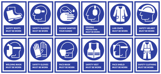 Mandatory sign set, Protective workwear icons, Safety work equipment and protective clothing, Construction safety labels