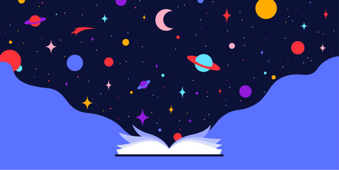 Naklejka na ściany i meble Book, Imagination, Dreams. Cosmos story, space imagination. Open book storybook for children. Online books, digital library storytelling, story store. Best sellers top list. Vector Illustration