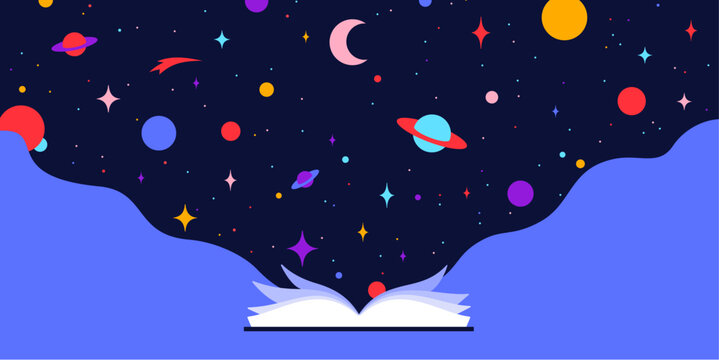 Book, Imagination, Dreams. Cosmos story, space imagination. Open book storybook for children. Online books, digital library storytelling, story store. Best sellers top list. Vector Illustration