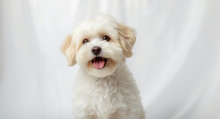 Obraz premium Happy Maltipoo dog posing alone on a clean white backdrop