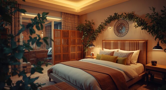 Contemporary bedroom featuring bamboo furniture, decorative folding screen, and eucalyptus adorned accessories