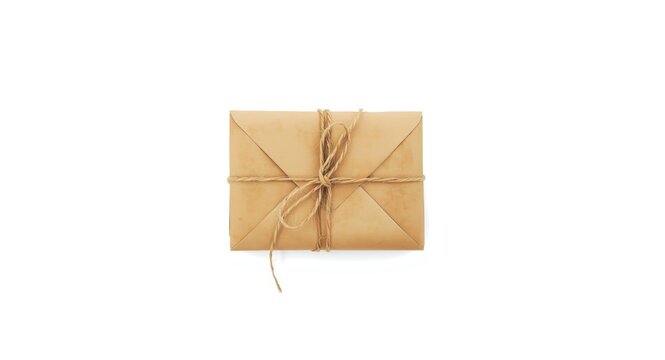 Brown mail bundle tied with twine shown on a minimal white background highlighting orderliness