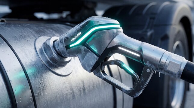 H70 standard hydrogen fuel nozzle at 700 bar, frozen cryogenic connection to truck with ice crystals and cold vapor, extreme macro photography, 8k cinematic detail