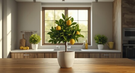 Fototapeta premium Contemporary kitchen workspace featuring a fruiting lemon tree in pot and clear copy space for text overlay
