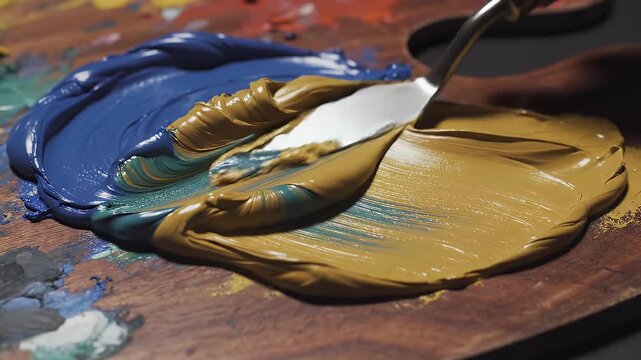 Artist mixing blue and goldenrod oil paints on a wooden palette