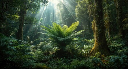 Fototapeta premium Lush tropical rainforest with shadowed moss and fern diversity
