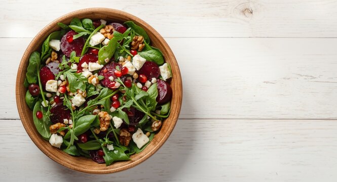 Beet salad bowl with arugula feta walnuts and fresh pomegranate arils