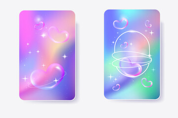 Abstract holographic background with 3D crystal hearts and sparkling stars.