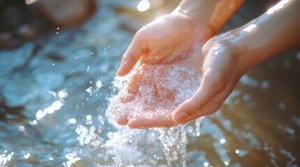 Fototapeta premium Hand holding water droplets in stream