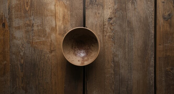 High angle view of an empty bowl on a textured natural wood dining table