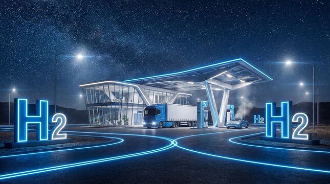 Modern futuristic H70 hydrogen refueling station with 700 bar capacity at night, blue LED lighting, sustainable energy infrastructure.
