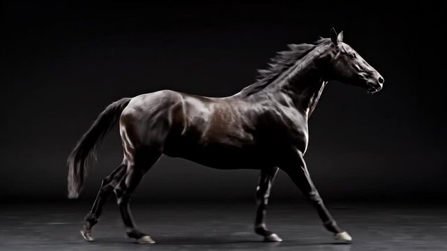 Dark horse galloping and trotting in an action sequence on a black background for equestrian sport and animal studies.