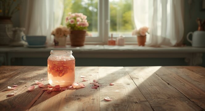 Homemade rose petal jam jar with vintage rustic decorations and fresh flowers for romantic days