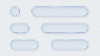 Obraz premium Blue transparent glass buttons. Liquid glass design elements with morphism effect. Modern digital interface icons for web and app design with rounded frame and subtle shadow. Vector illustration.
