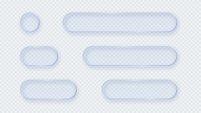 Blue transparent glass buttons. Liquid glass design elements with morphism effect. Modern digital interface icons for web and app design with rounded frame and subtle shadow. Vector illustration.