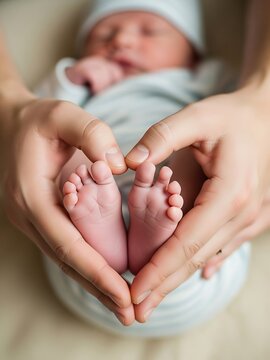 Tender Moment with Newborn Baby Feet in Heart Shape