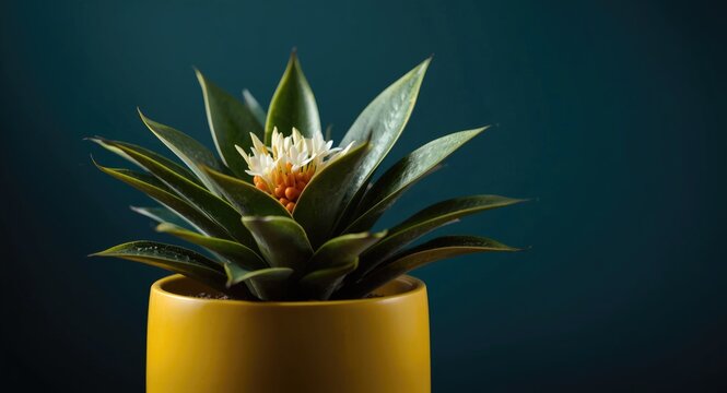 Elegant Schubert Aechmea Bromeliad with orange berries in bold yellow planter over teal backdrop