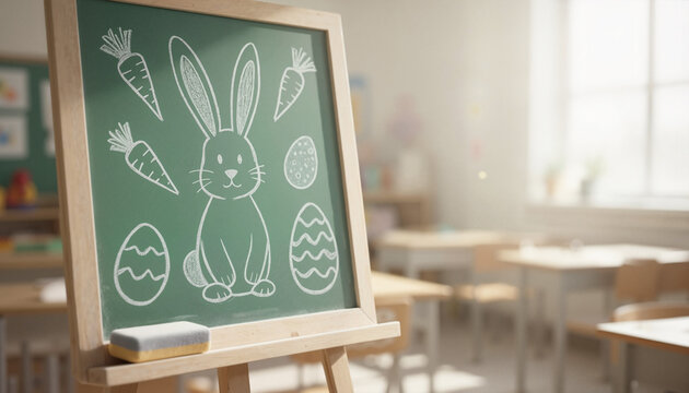 Easter bunny drawing on chalkboard in classroom setting  