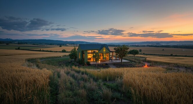 Green home architecture placed in open agricultural land at twilight showcasing sustainability