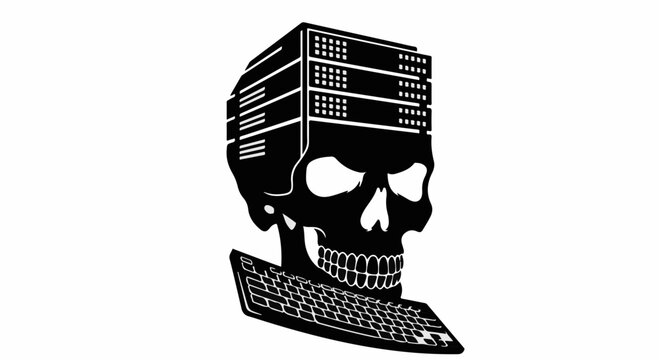Sinister skull with server rack head and keyboard represents cyber threat and digital danger
