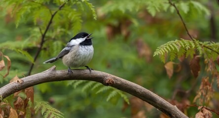 Obraz premium A singing Black Capped Chickadee with contrasting feathers on a natural branch surrounded by forest plants