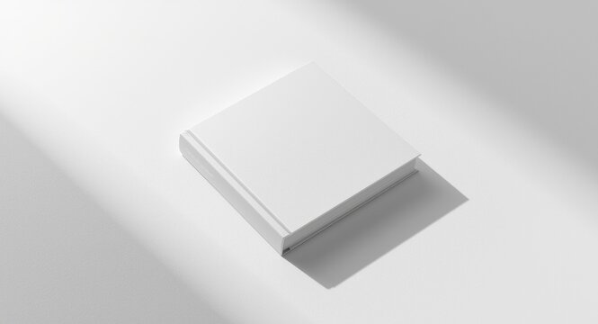 Closed square book mockup on white paper grain texture under soft daylight illumination